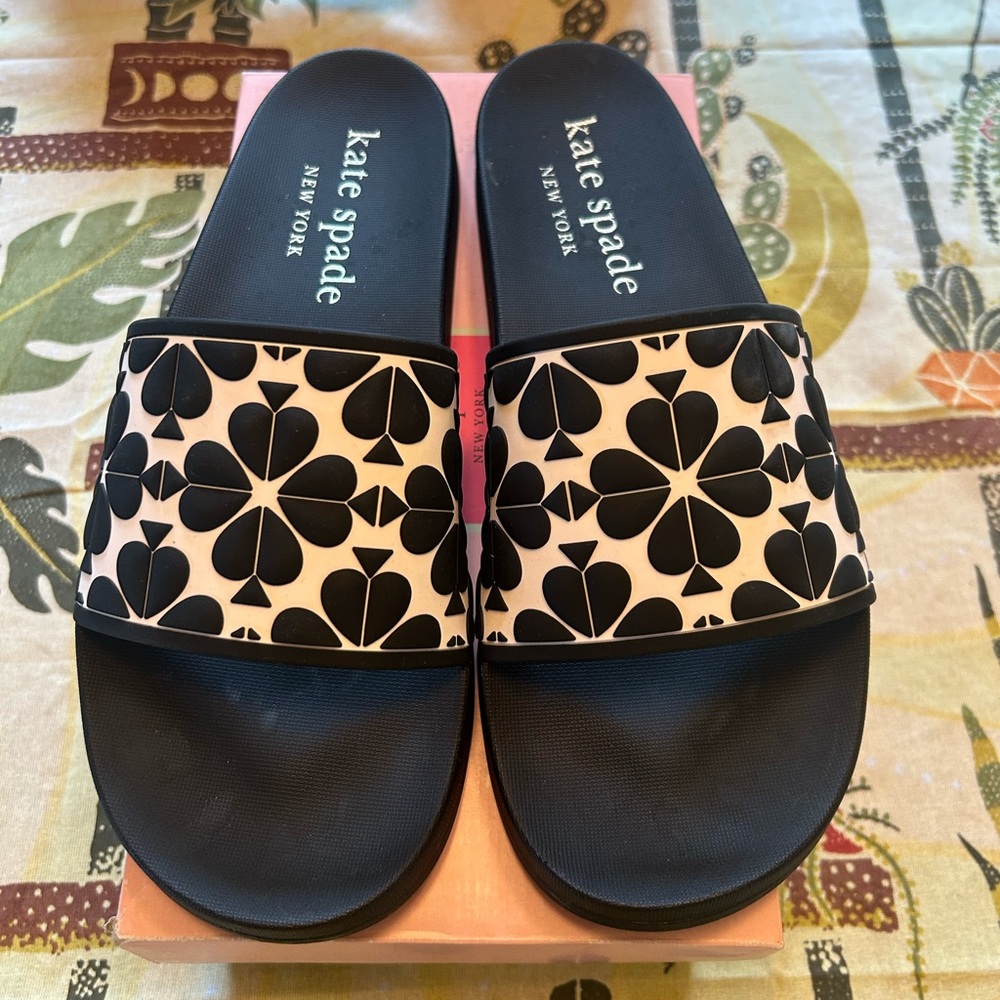 Kate Spade Olympia Black and Cream Slides, SZ 11